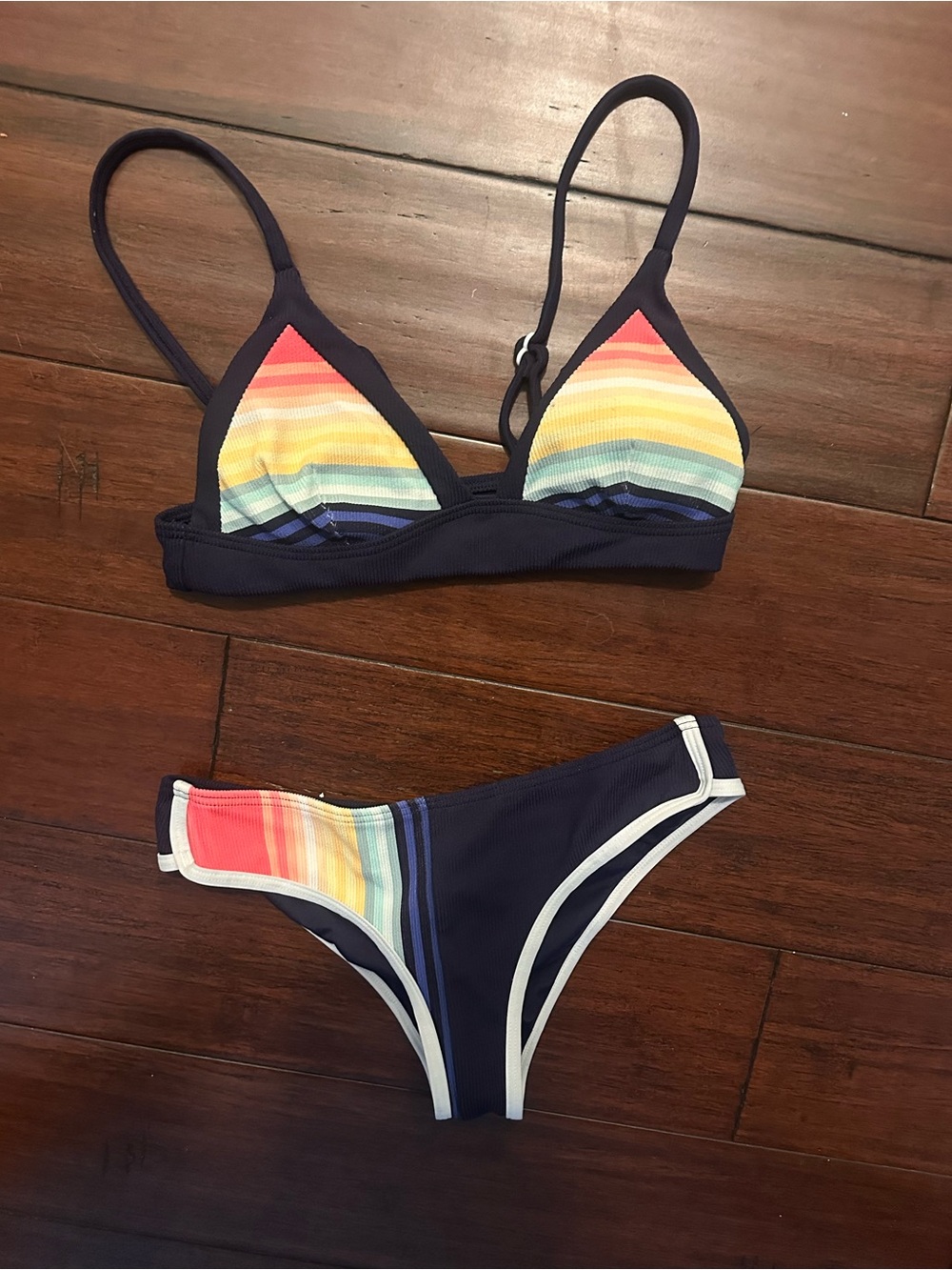 Rip Curl Surf Stripe Navy Triangle Bikini with Rainbow Stripe Accents